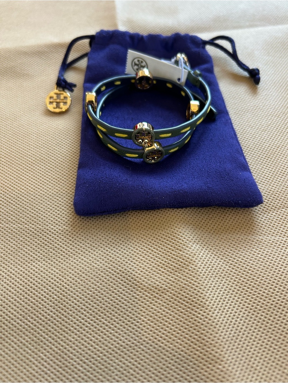 Tory Burch Double Wrap Leather Logo Bracelet - Blue and Green - NWT - Picture 3 of 3